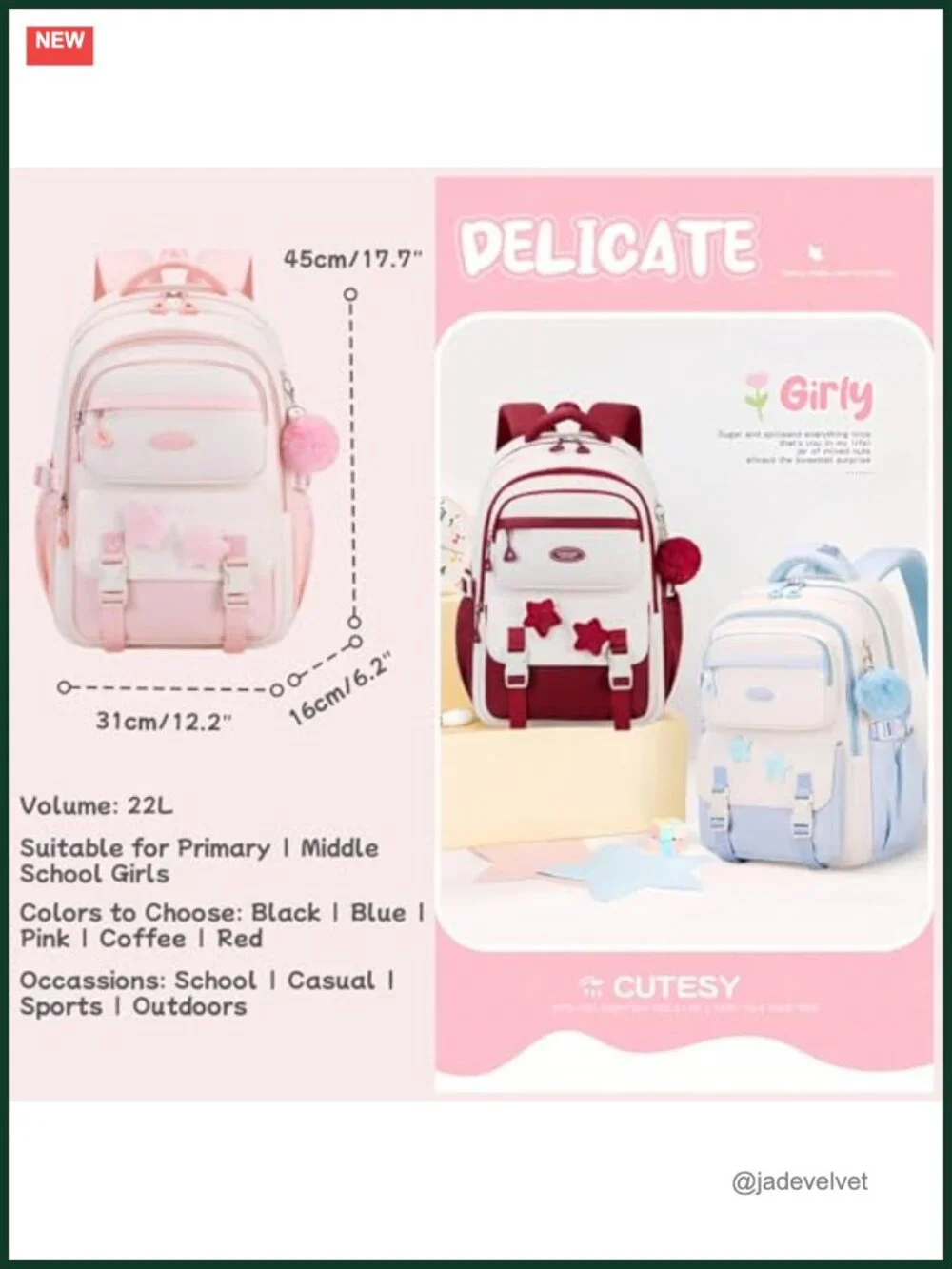 Nylon Girls Backpack for School with Star Pins and Furry Pendant